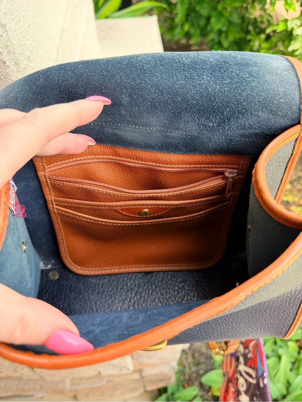 Vintage Dooney & Bourke All Weather Leather Navy British Tan Crossbody USA Made